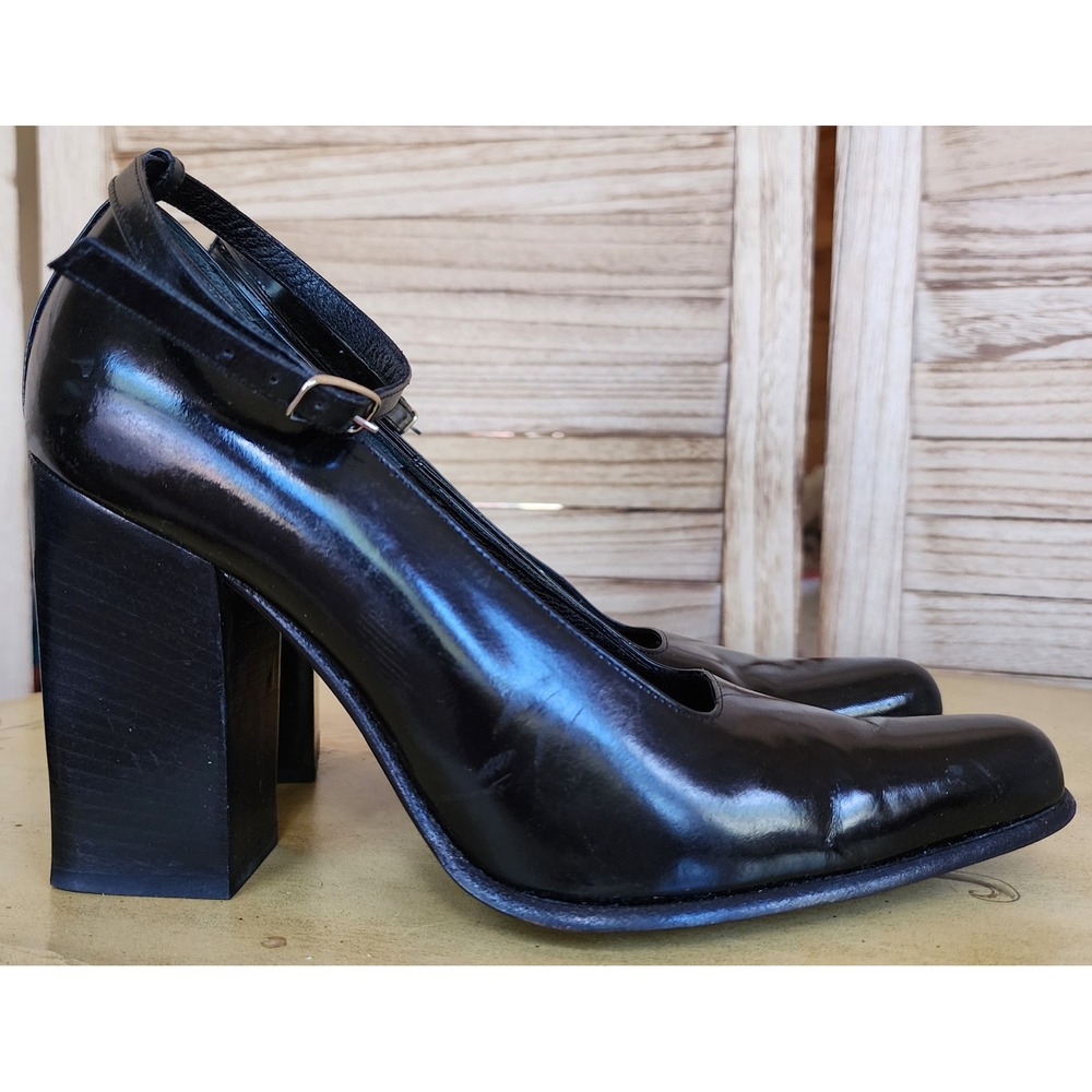 Exe Sz 38.5 US 8.5 Black Leather Ankle Strap Block Heel Pointed Toe Pumps Italy